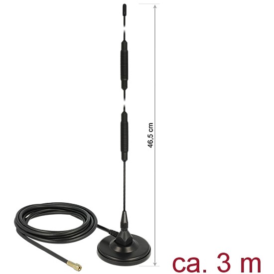 Delock LTE antenna SMA-dugó 7 dBi irányítatlan, rögzített, mágneses talppal és csatlakozókábellel (R (12428)