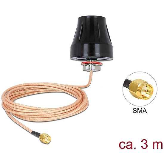 Delock LTE / GSM / UMTS antenna SMA-dugó 2 dBi irányítatlan, rögzített, csatlakozókábellel (RG-316U, (89589)