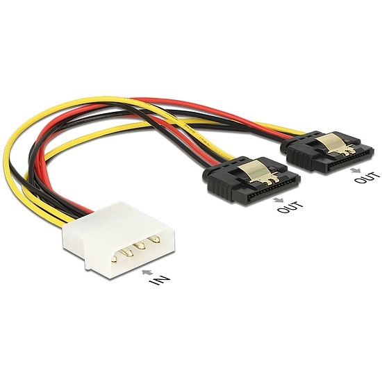 Delock Molex-tápkábel 4 tus csatlakozódugóval > 2 x 15 tus SATA-csatlakozóhüvely, fém, 20 cm (85237)