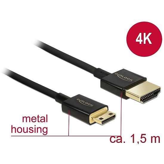 Delock Nagysebességu HDMI-kábel Ethernettel - HDMI-A > HDMI Mini-C- 3D4K, 1,5 m, vékony, prémium (84777)