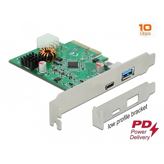 Delock PCI Express x4 kártya 1 db külső C -típusú USB aljzathoz, PD funkcióval + 1 db külső A-típusú (89001)