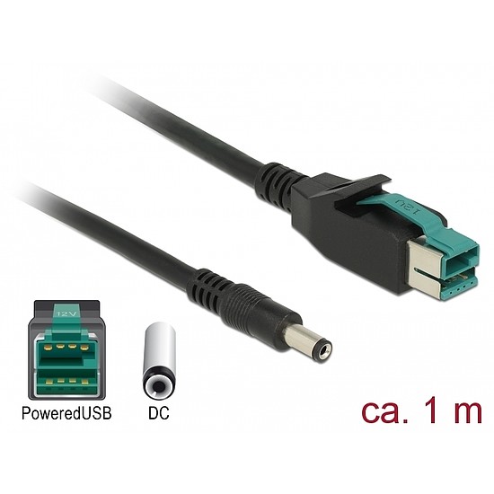 Delock PoweredUSB kábel apa 12 V > DC 5,5 x 2,1 mm apa 1 m, POS nyomtatókhoz és csatlakozókhoz (85497)