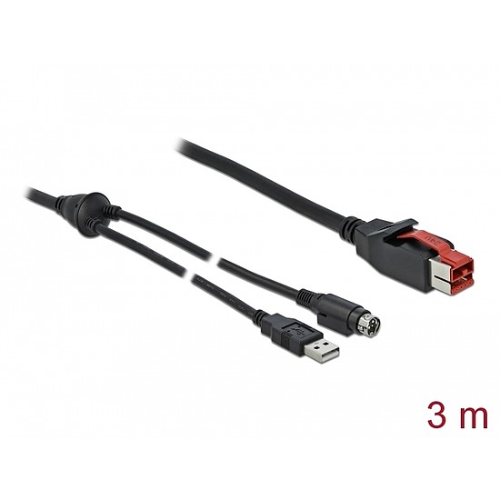 Delock PoweredUSB kábel apa 24 V > A-típusú USB apa + Mini-DIN 3 tűs apa 3 m, POS nyomtatókhoz és cs (85942)