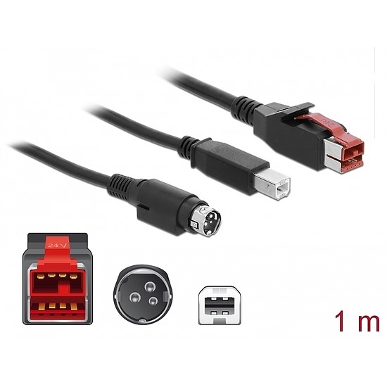 Delock PoweredUSB kábel apa 24 V > B-típusú USB apa + Hosiden Mini-DIN 3 tűs apa 1 m, POS nyomtatókh (85487)