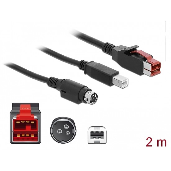 Delock PoweredUSB kábel apa 24 V > B-típusú USB apa + Hosiden Mini-DIN 3 tűs apa 2 m, POS nyomtatókh (85488)