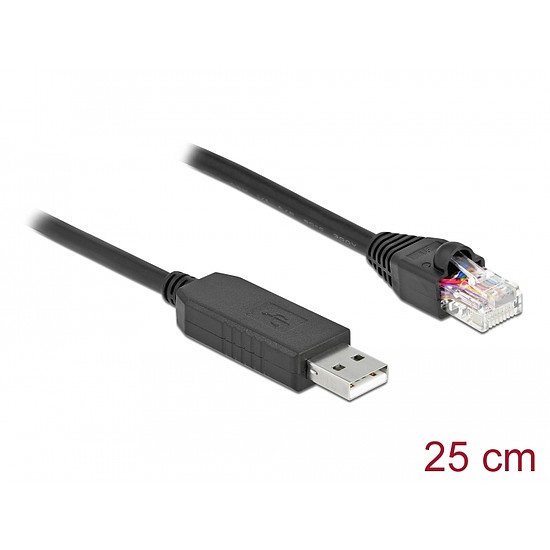 Delock Soros kapcsolati kábel FTDI chipszettel, USB 2.0 A-típusú apa - RS-232 RJ45 apa, 25 cm hosszú (64158)