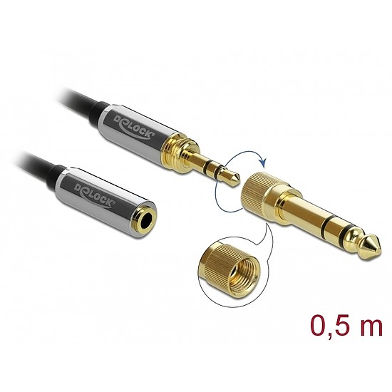 Delock Sztereó hosszabbító kábel 3,5 mm 3 pólusú apa anya, 6,35 mm-es csavaros adapterrel 0,5 m (85779)