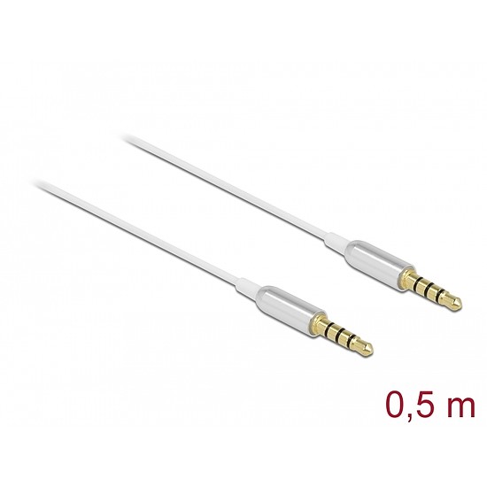 Delock Sztereo jack kábel 3,5 mm 4 tűs apa- apa Ultra Slim, 0,5 m, fehér (66073)