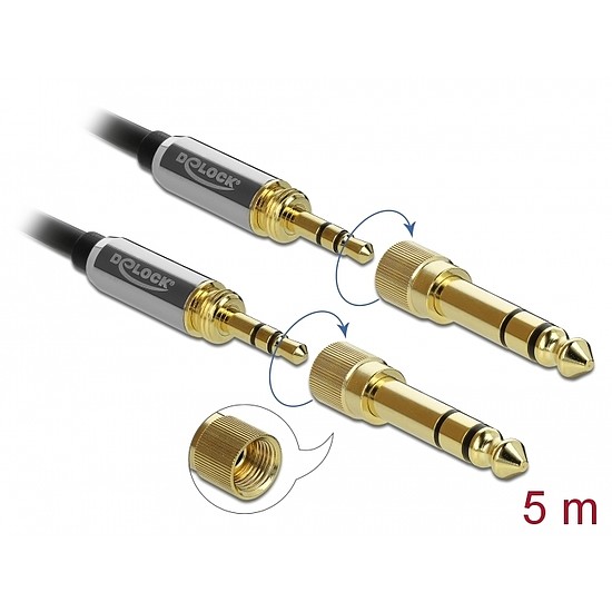 Delock Sztereó kábel 3,5 mm-es 3 pólusú apa apa, csavaros adapterrel 5 m (85788)