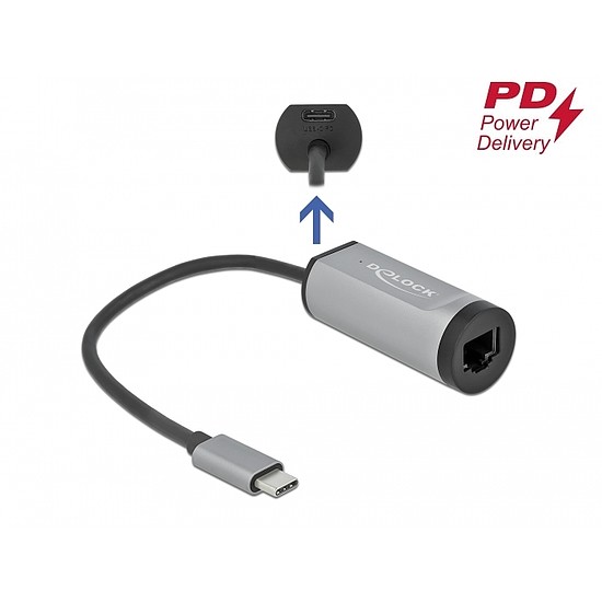 Delock Szürke USB Type-C adapter tápellátó portos Gigabit LAN-hez (64116)