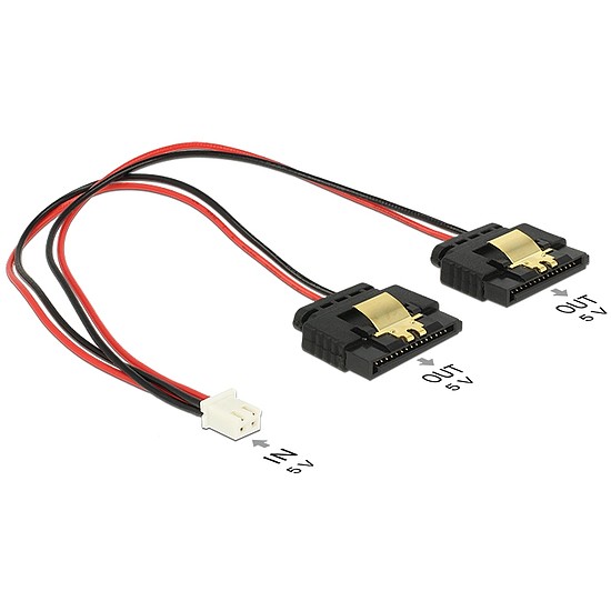 Delock Tápkábel, 2 tus csatlakozóhüvely > 2 x 15 tus SATA-aljzat (5 V), fém, 20 cm (85249)