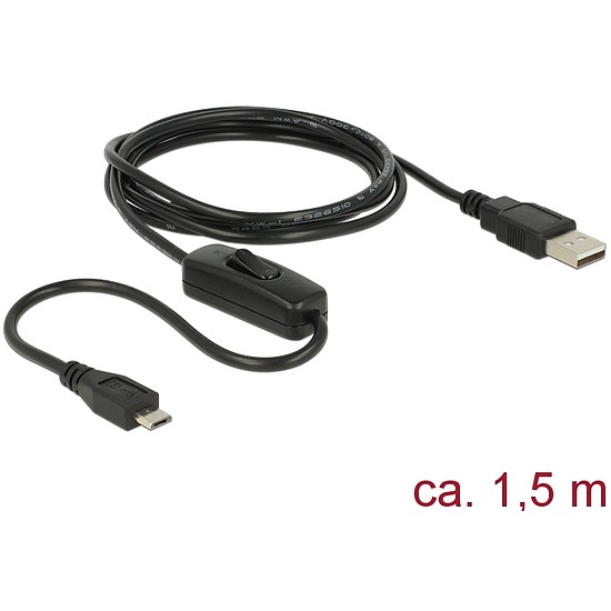 Delock Töltő kábel USB 2.0 Type-A apa > USB 2.0 Micro-B apa kapcsolóval, Raspberry Pi 1.5 m (84803)