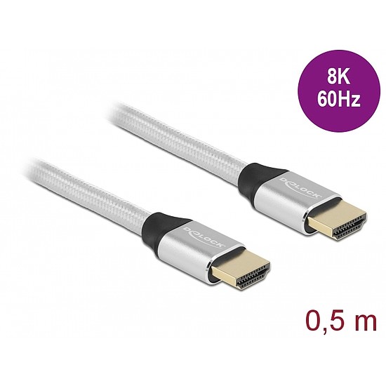 Delock Ultra nagy sebességű HDMI kábel 48 Gbps 8K 60 Hz ezüst 0,5 m tanúsítvánnyal (85365)