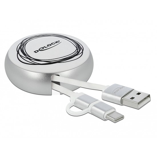 Delock USB 2.0 2 az 1-ben behúzható kábel A-típusú Micro-B és USB-C fehér / ezüst (85821)