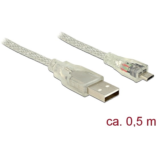 Delock USB 2.0-s kábel A-típusú csatlakozódugóval > USB 2.0 Micro-B csatlakozódugóval, 0,5 m, áttets (83897)