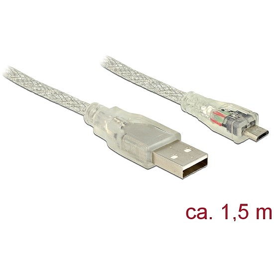 Delock USB 2.0-s kábel A-típusú csatlakozódugóval > USB 2.0 Micro-B csatlakozódugóval, 1,5 m, áttets (83899)