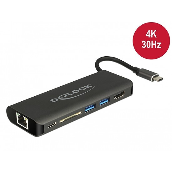 Delock USB Type-C 3.1 dokkoló állomás HDMI 4K 30 Hz, Gigabit LAN és USB PD funkció (87721)