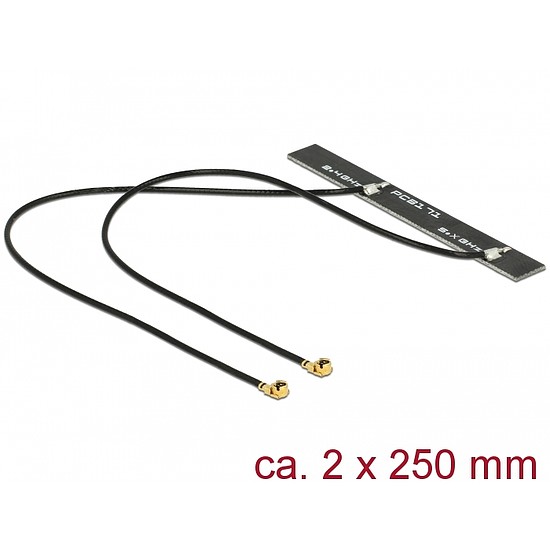 Delock WLAN 802.11 ac/a/h/b/g/n ikerantenna, 2 x MHF csatlakozódugó, 5 dBi, 250 mm-es NYÁK-lap, bels (89631)