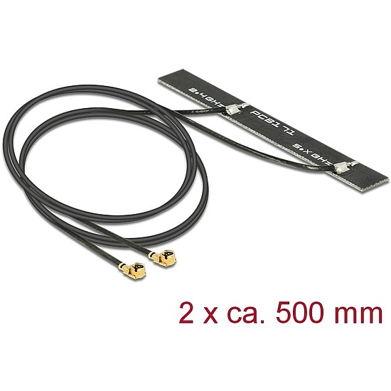 Delock WLAN 802.11 ac/a/h/b/g/n ikerantenna, 2 x MHF csatlakozódugó, 5 dBi, 500 mm-es NYÁK-lap, bels (89457)