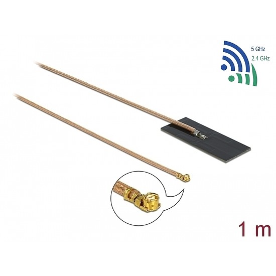 Delock WLAN 802.11 ac/ax/a/h/b/g/n Antenna, MHF I csatlakozódugó, 0,5 - 1,2 dBi, RG-178 1 m-es NYÁK (12609)