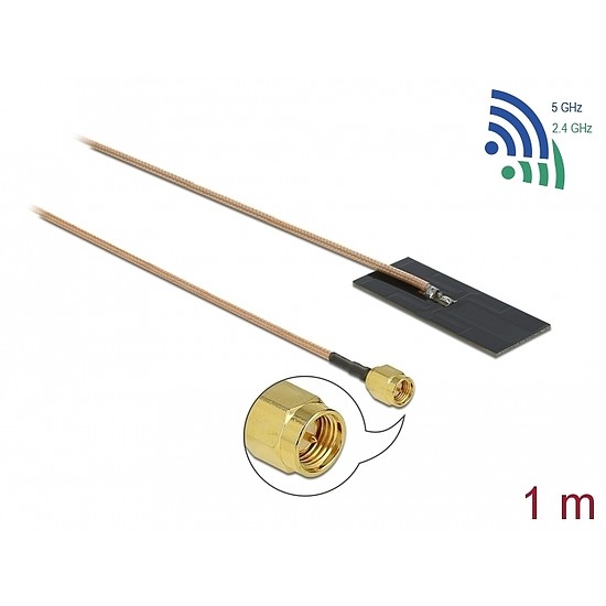 Delock WLAN 802.11 ac/ax/a/h/b/g/n Antenna, SMA csatlakozódugó, 0,5 - 1,2 dBi, RG-178 1 m-es NYÁK-la (12610)