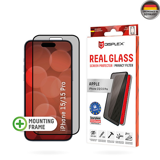 Displex - Premium Real Glass Privacy teljes borítás - iPhone 15 / iPhone 15 Pro - Fekete