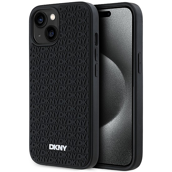 DKNY 3D Rubber Repeat Pattern tok iPhone 15/14/13-hoz - fekete