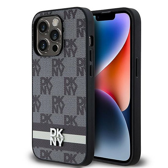 DKNY bőr kockás monomintás és nyomott csíkos iPhone 14 Pro tok - fekete