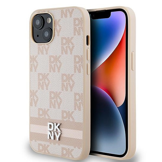 DKNY bőr kockás monomintás és nyomott csíkos tok iPhone 15 Plus / 14 Plus telefonhoz - rózsaszín