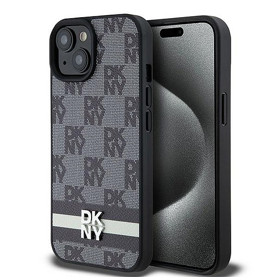 DKNY bőr kockás monomintás és nyomott csíkos tok iPhone-hoz 15/14/13 - fekete