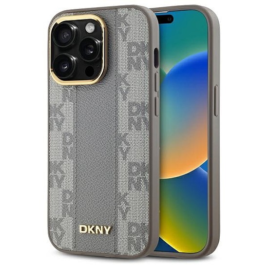 DKNY bőr kockás monomintás MagSafe iPhone 14 Pro tok - bézs