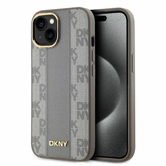 DKNY bőr kockás monomintás MagSafe iPhone 14 tok - bézs