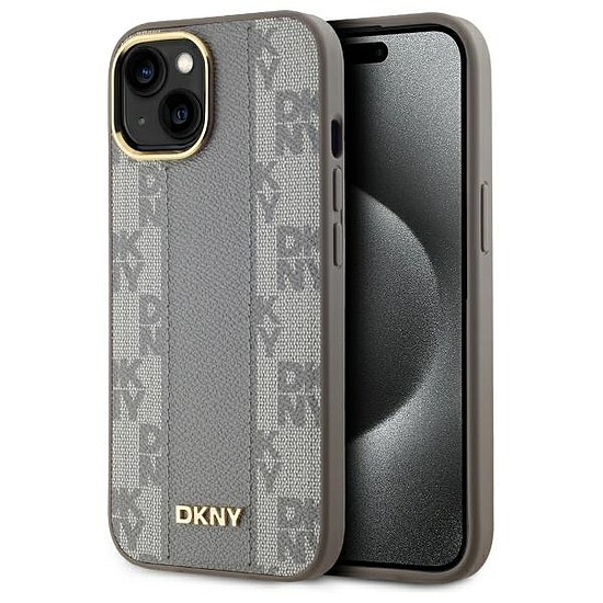 DKNY bőr kockás monomintás MagSafe iPhone 15 Plus tok - bézs