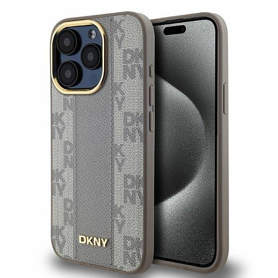 DKNY bőr kockás monomintás MagSafe iPhone 15 Pro tok - bézs