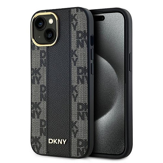 DKNY bőr kockás monomintás MagSafe tok iPhone 15 Plus / 14 Plus telefonhoz - fekete