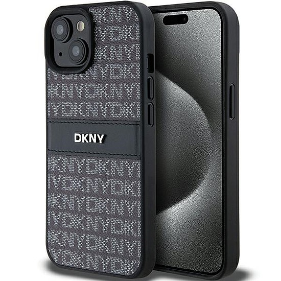 DKNY bőr monocsíkos és fém logós tok iPhone 15 Plus / 14 Plus telefonhoz - fekete