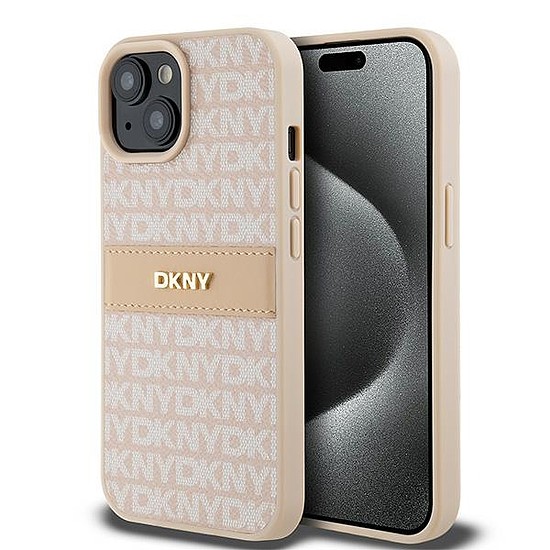 DKNY bőr monocsíkos és fém logós tok iPhone 15 Plus / 14 Plus telefonhoz - rózsaszín