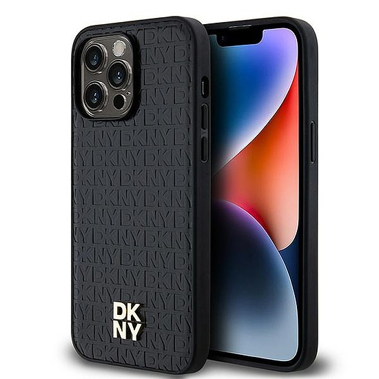 DKNY bőr monogram mintás fém logó MagSafe tok iPhone 14 Pro Max készülékhez - fekete