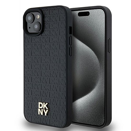 DKNY bőr monogram mintás fém logó MagSafe tok iPhone 15 Plus / 14 Plus telefonhoz - fekete