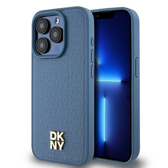 DKNY bőr monogram mintás fém logó MagSafe tok iPhone 15 Pro készülékhez - kék