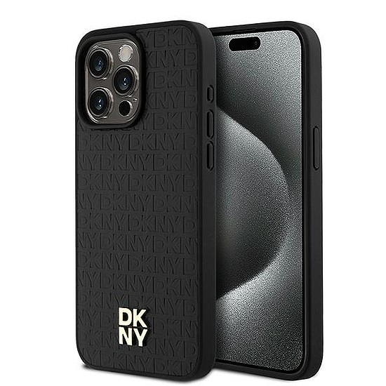 DKNY bőr monogram mintás fém logó MagSafe tok iPhone 15 Pro Max készülékhez - fekete