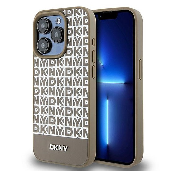 DKNY bőr nyomott mintás fém logó MagSafe tok iPhone 15 Pro készülékhez - barna