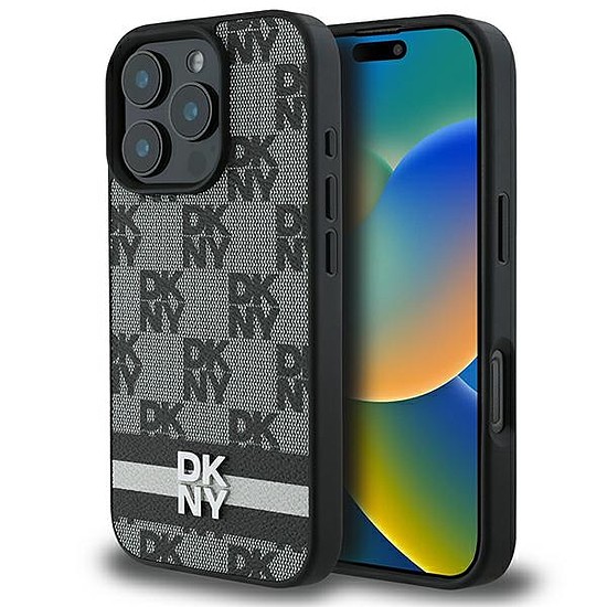 DKNY Checkered Pattern & Printed Stripes tok iPhone 16 Pro-hoz - fekete