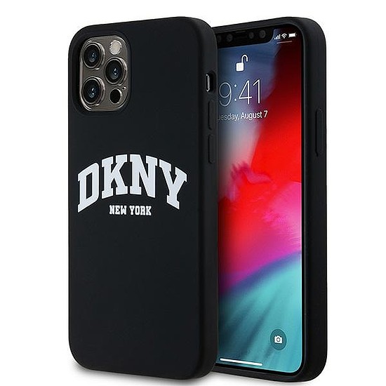 DKNY folyékony szilikon fehér nyomott logós MagSafe tok iPhone 12/12 Pro telefonhoz - fekete