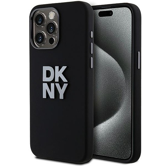 DKNY folyékony szilikon fém logó iPhone 15 Pro tok - fekete