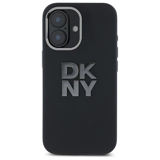 DKNY folyékony szilikon fém logó iPhone 16 tok - fekete