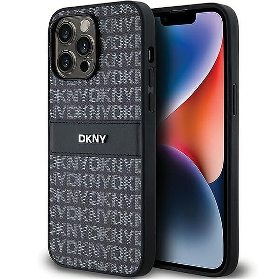 DKNY Leather Mono Stripe & Metal Logo tok iPhone 14 Pro telefonhoz - fekete