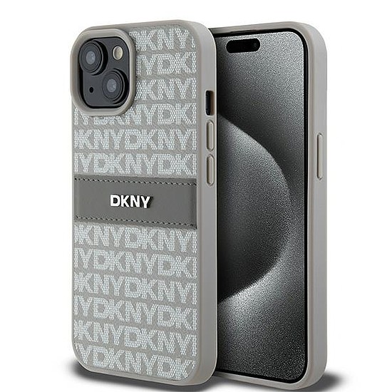 DKNY Leather Mono Stripe & Metal Logo tok iPhone 15 Plus / 14 Plus telefonhoz - bézs