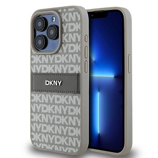 DKNY Leather Mono Stripe & Metal Logo tok iPhone 15 Pro-hoz - bézs