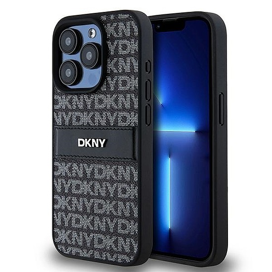 DKNY Leather Mono Stripe & Metal Logo tok iPhone 15 Pro Max telefonhoz - fekete